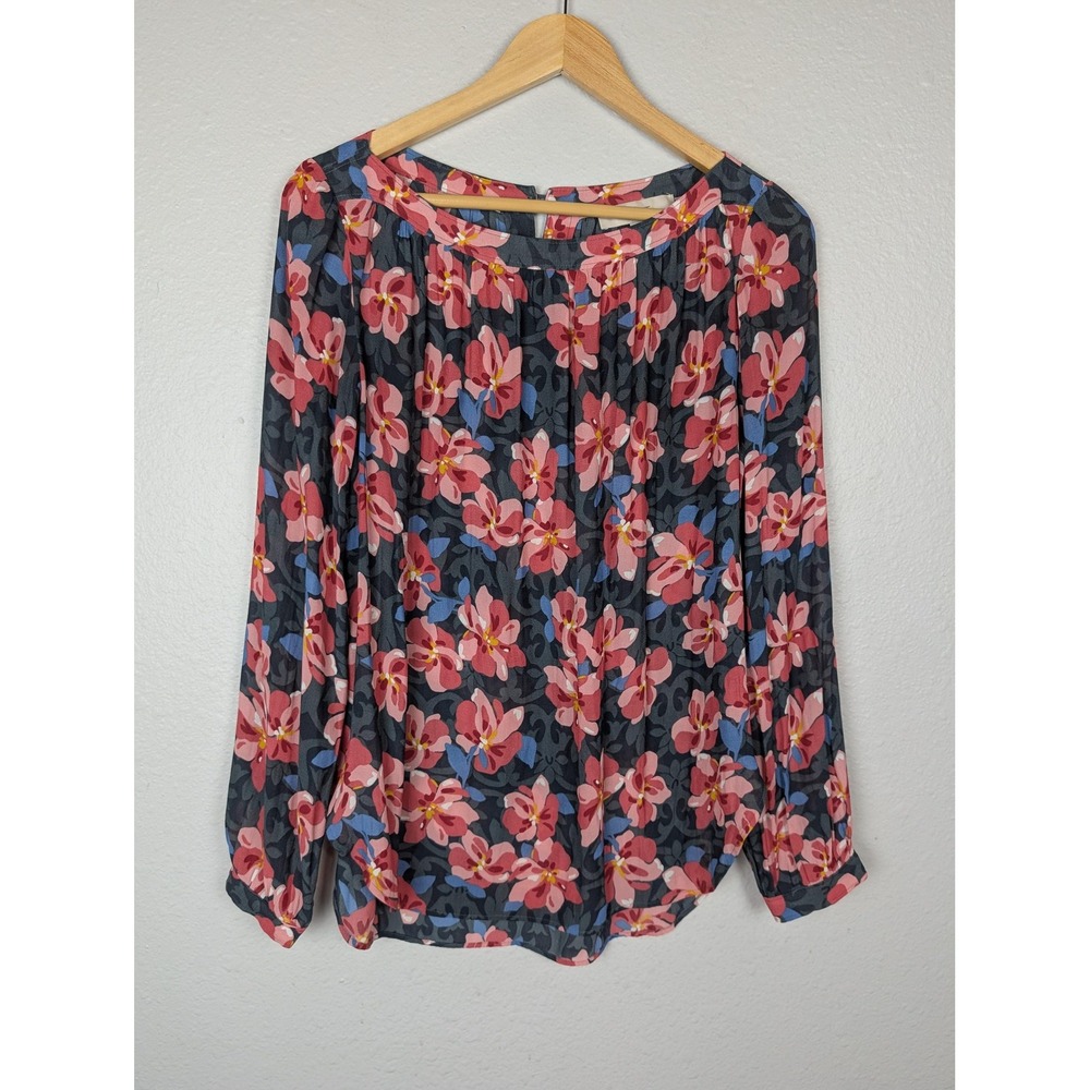 LOFT Womens Pink Blue Floral Long Sleeve Blouse Keyhole Back Size M 423